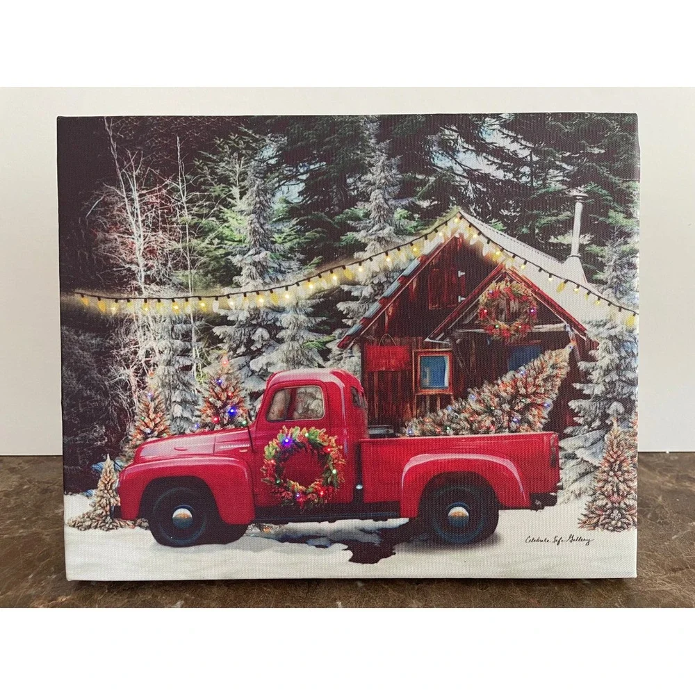 2 Celebrate Life Gallery LED Lighted Canvas Print Red Truck Snowy Forest Holiday